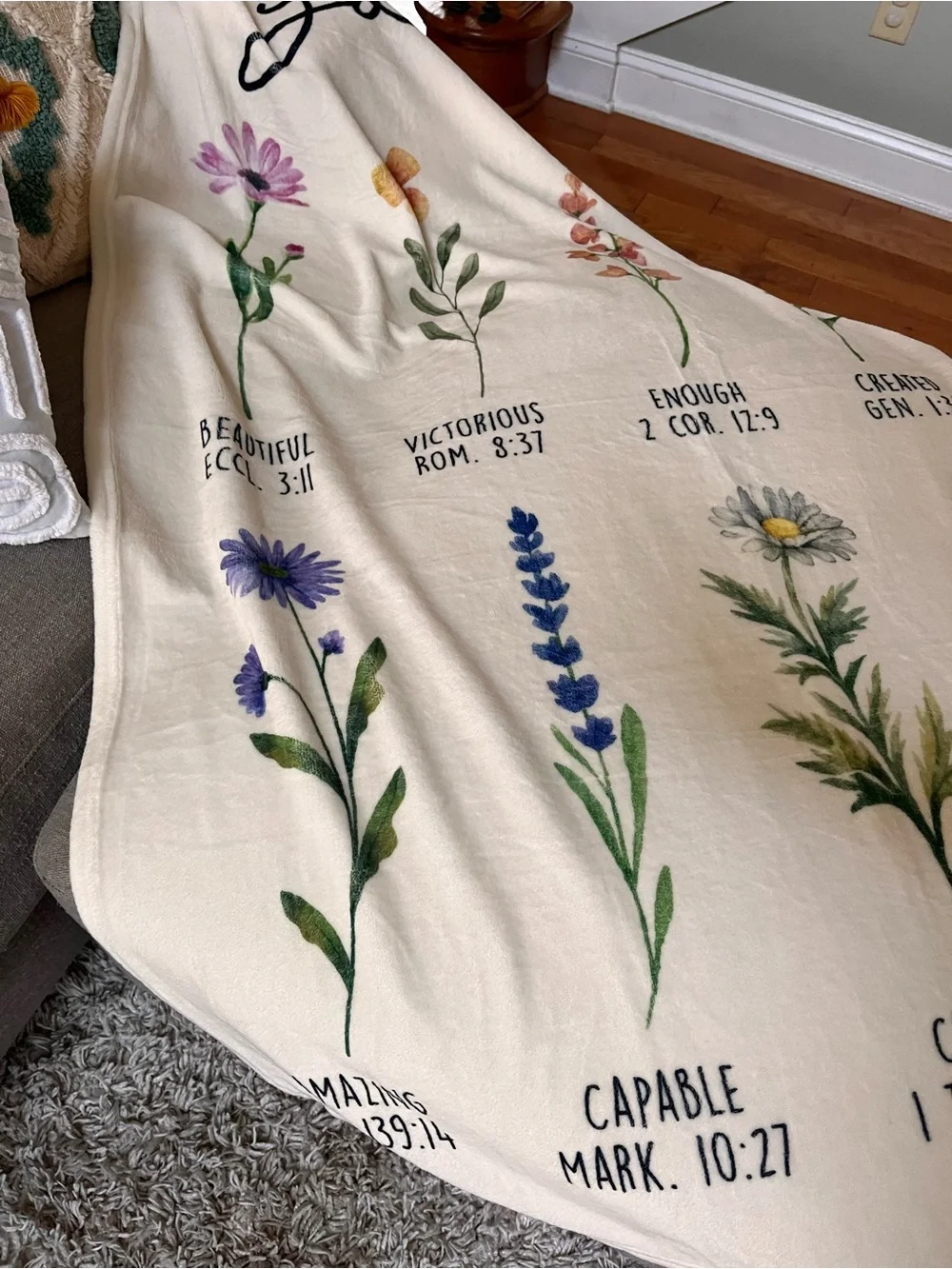 Floral Scripture Cream Throw Blanket - Soft Home Bedding